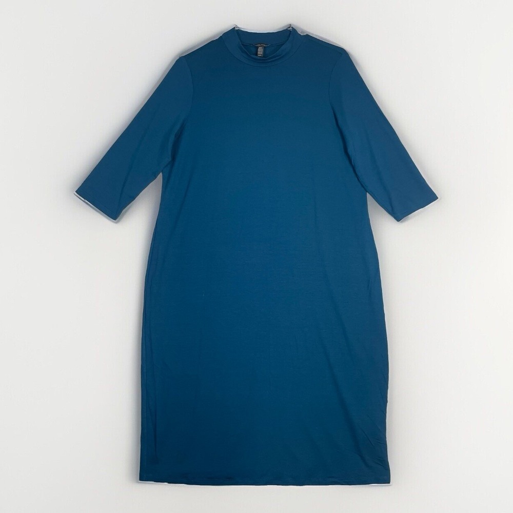 Eileen Fisher Mock Neck Knit Dress 3/4 Sleeve Viscose Spandex Medium Teal